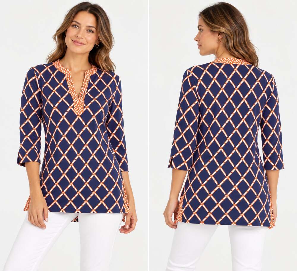 J.McLaughlin Womens M Blue Orange Bamboo Lattice Catalina Cloth tunic top NEW